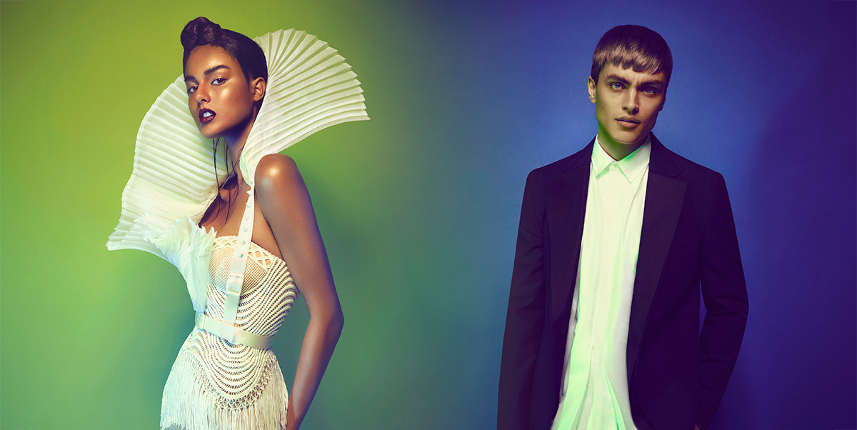 Fashion couple campaign on coloured background